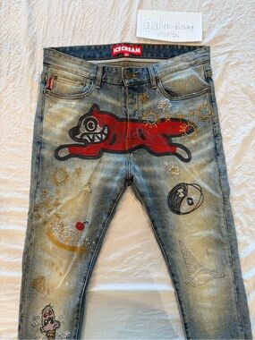 Icecream Men's Light Blue Denim Jeans with Red Leaping Cat Patch
